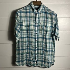 Pendleton Malone Mens Large Blue Green Linen Short Sleeve Button Up 100% linen